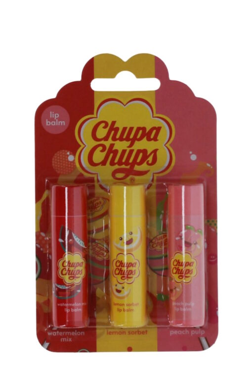 Chupa Chups Trio Lip Balm Set - Watermelon Mix, Lemon Sorbet, Peach Pulp